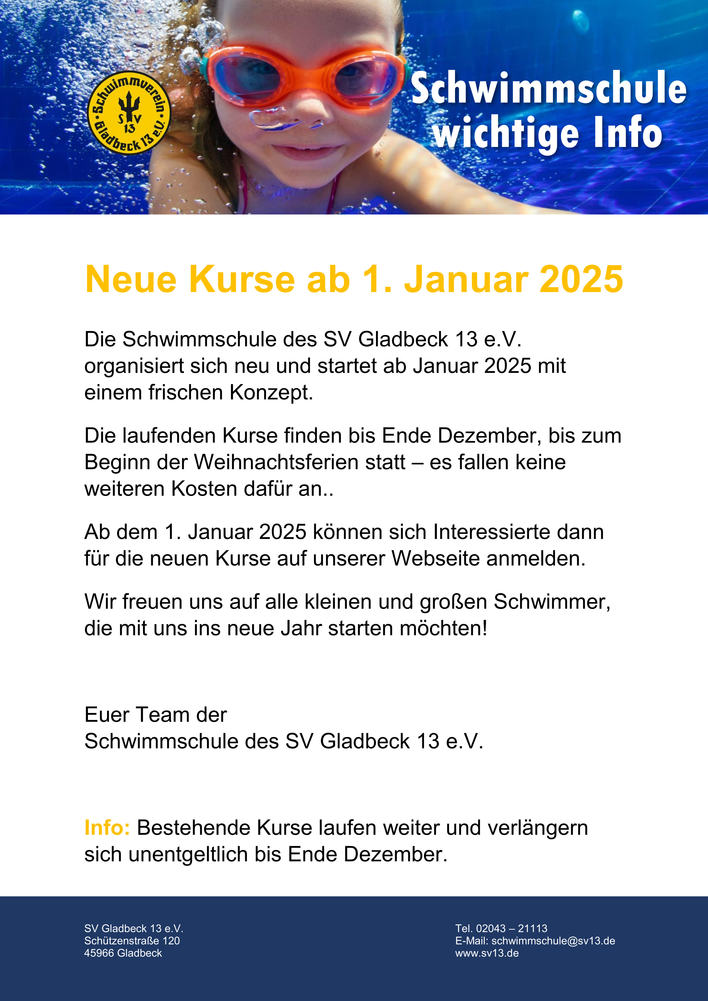 Schwimmschule - Neue Kurse ab 1. Januar 2025